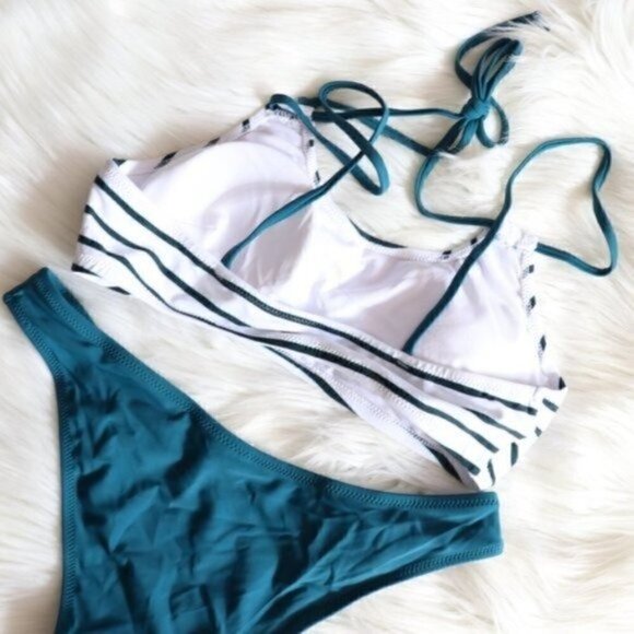 NWT White Green Stripe Bikini Set Size Small Bathing Suit Beach Pool - Picture 7 of 9